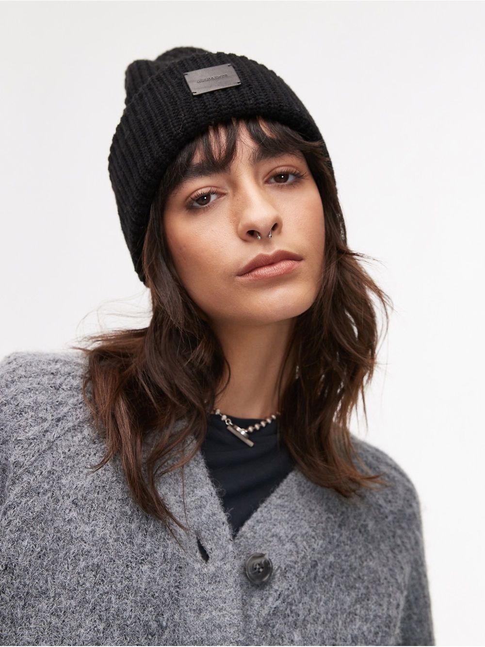 All Saints Unisex Black Ribbed Fold-Over Beanie Wool Ribbed